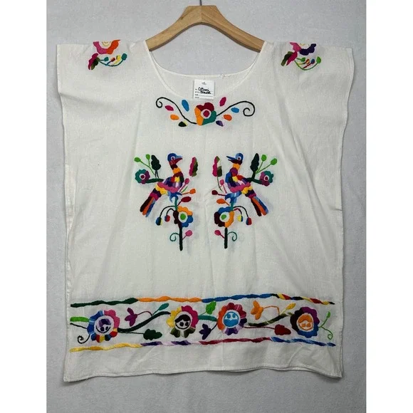 Mexican Hand Embroidered Floral Bird White Boho Folk Art Top Women - Picture 2 of 5